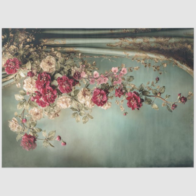 Papel De Seda Flores Românticas & Drapê, Carmesim & Verde Sálvia (Frente )