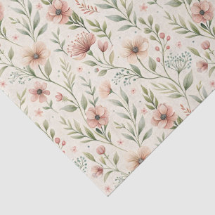 Papel De Seda Flores Rosa Pálido Design Cottagecore Verde Salvia