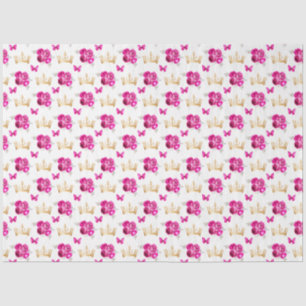 Papel De Seda Flores Rosa Quente e Coroas Douradas