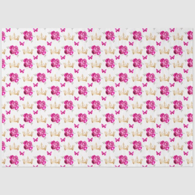 Papel De Seda Flores Rosa Quente e Coroas Douradas (Frente )