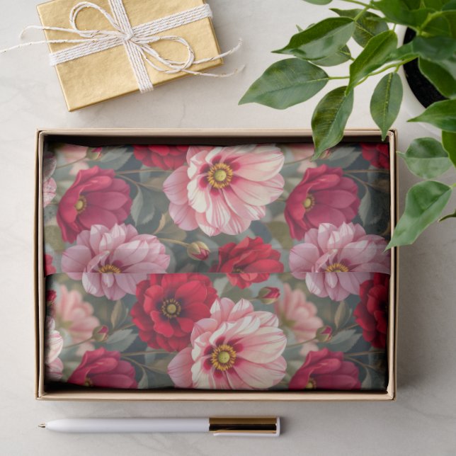Papel De Seda Flores rosa, vermelhas e lilás  (Presente)