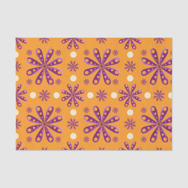 Papel De Seda Flores Roxas Retro em Fundo Laranja (Frente )
