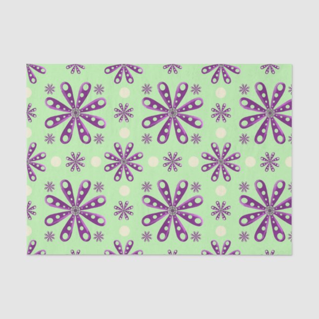 Papel De Seda Flores Roxas Retro em Fundo Verde (Frente )