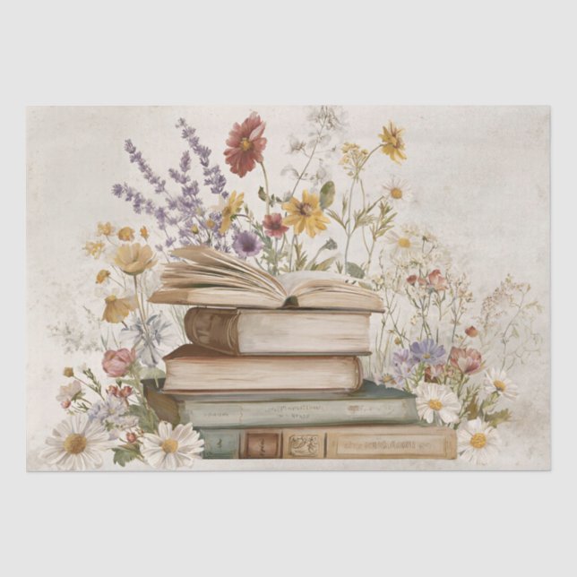 Papel De Seda Flores Silvestres e Livros Antigos (Frente )