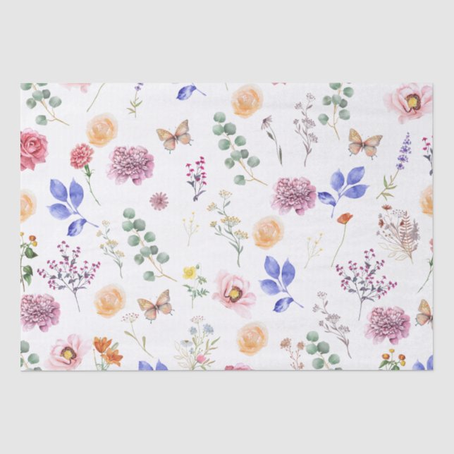 Papel De Seda Flores Silvestres Pressionadas Borboleta Branca Pr (Frente )