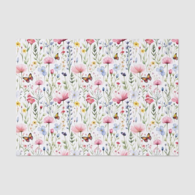 Papel De Seda Flores Silvestres Rosa Amarelo Borboleta Aniversár (Frente )