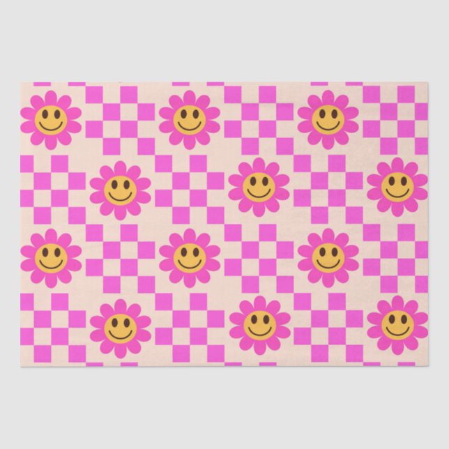 Papel De Seda Flores Sorridentes Rosa Quente Xadrez com quadrado (Frente )