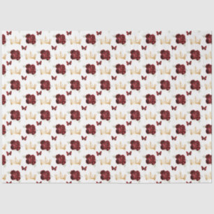Papel De Seda Flores Vermelhas Borgonha e Coroas Douradas