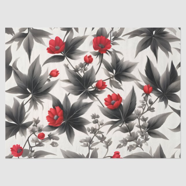Papel De Seda Flores Vermelhas e Folhas Pretas em decoupage Bran (Frente )