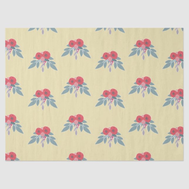 Papel De Seda Flores vermelhas e folhas verdes em castanho (Frente )