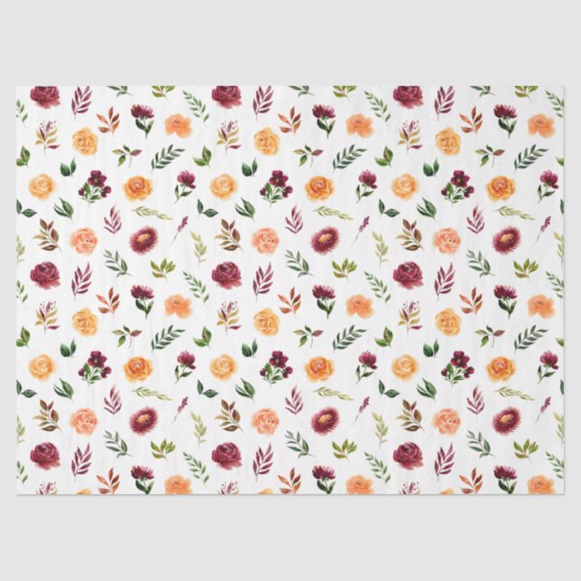 Papel De Seda Flores Vermelhas e Laranjas com Padrão de Folhagem (Frente )