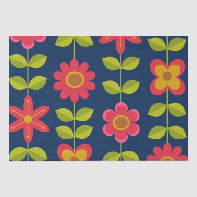 Papel De Seda Flores vermelhas Modernas de Meados do Século com  (Frente )