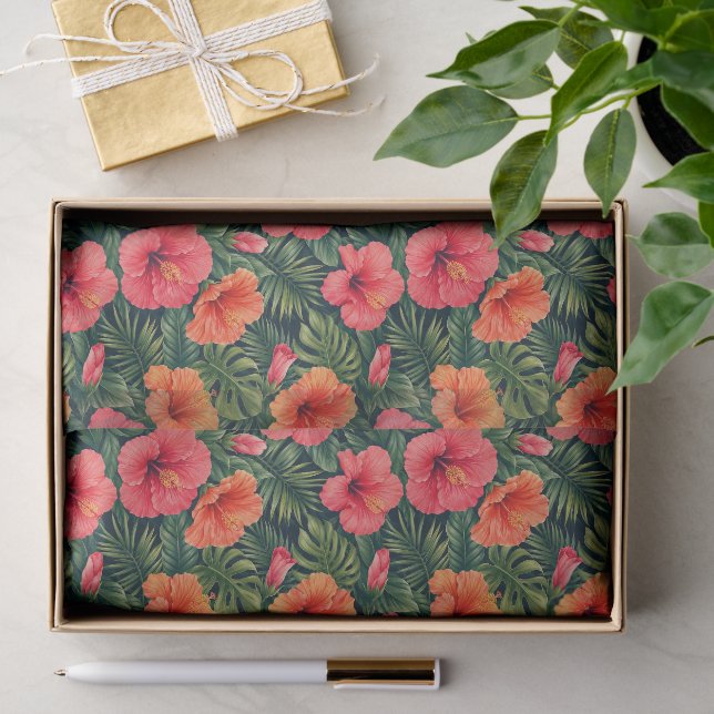 Papel De Seda Flores Vibrantes de Hibisco Tropical (Presente)