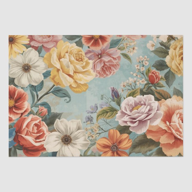 Papel De Seda Flores Vintage em Azul  (Frente )