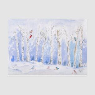 Papel De Seda Floresta de Bétulas em Aquarela Com Pássaros