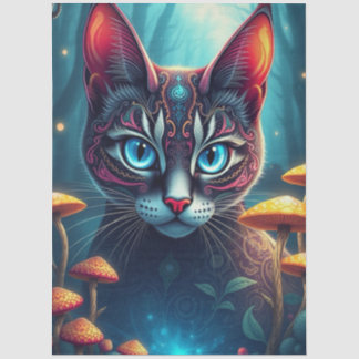 Papel De Seda Floresta de Cogumelos Fantasia Gato de Olhos Azuis