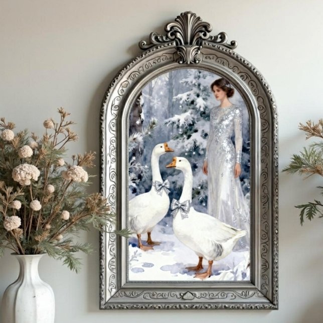 Papel de Seda Floresta de Inverno Senhora Acentos  (Magical Winter Wonderland Tissue Paper with a Lady and Geese in a Snowy Forest Landscape.)