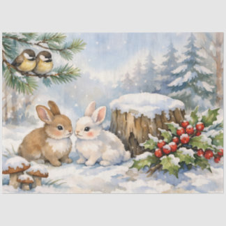 Papel De Seda Floresta de Natal em Aquarela Pássaros e Coelhos