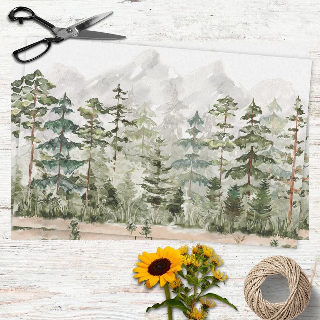 Papel De Seda Floresta de Pinheiros Verdes com Aquarelas em Mont (In situ)