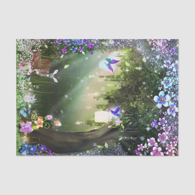 Papel De Seda Floresta Mágica de Flores da Floresta Cervo & Coel (Frente )