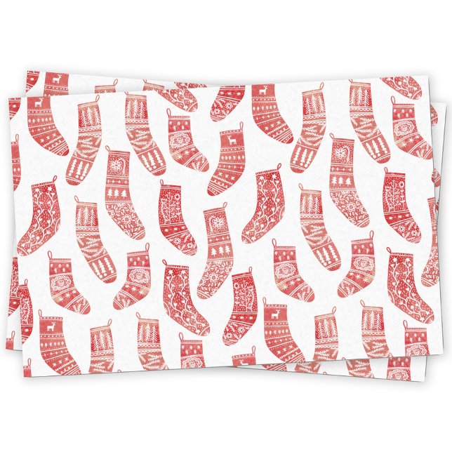Papel De Seda Florestas Nórdicas Natal Escandinavo White (Nordic Stockings red and white Scandinavian festive Christmas pattern tissue paper)