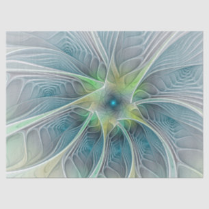 Papel De Seda Flourando Fantasia Moderna Azul Flor Fractal Verde