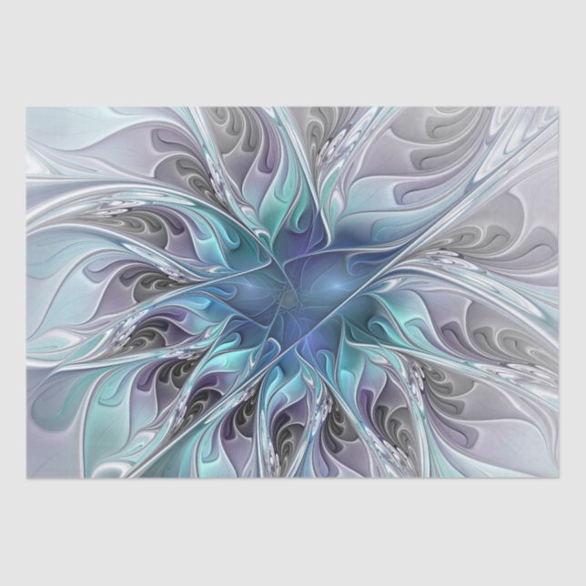 Papel De Seda Flourar Abstrato Moderno Flor Fractal Com Azul (Frente )
