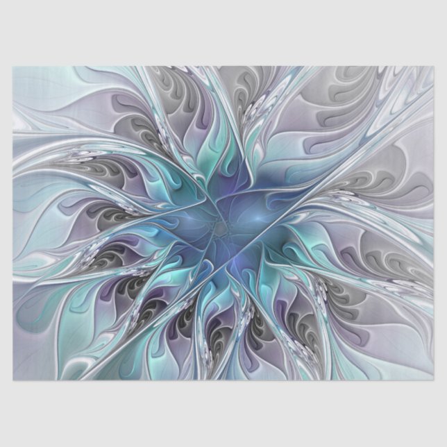 Papel De Seda Flourar Abstrato Moderno Flor Fractal Com Azul (Frente )