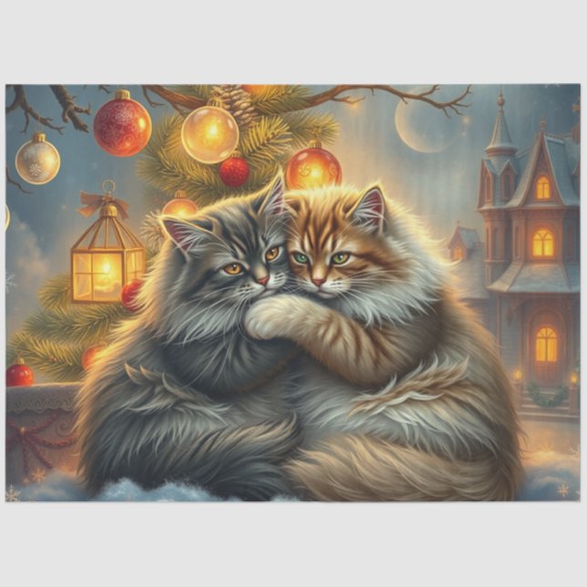 Papel De Seda Fluffy Christmas Cats Cuddling Tissue Paper (Frente )