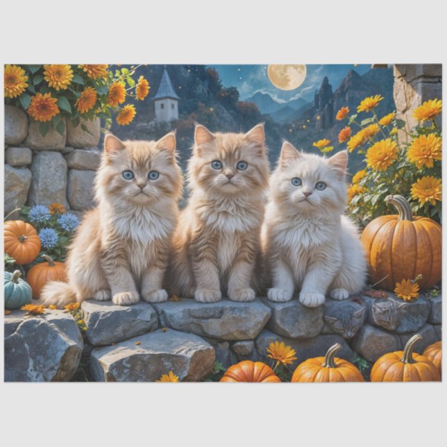 Papel De Seda Foffy Autumn Kittens Pumpkins e Foliage (Frente )