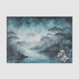 Papel De Seda Foggy Lake Cove - Azul Moody e paisagem de Cinza
