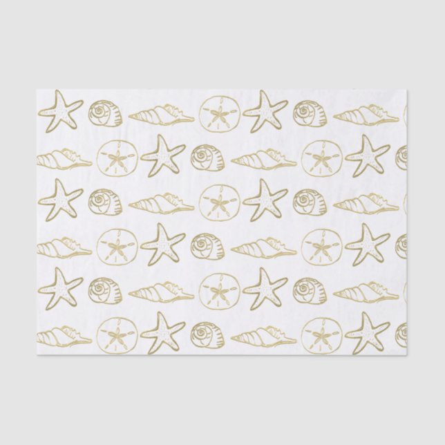 Papel De Seda Folha de Ouro, Conchas de Mar Chic Beach Elegante  (Frente )