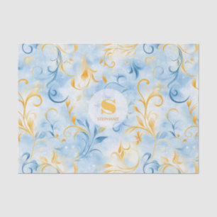 Papel De Seda Folha Elegante Azul e Dourada Inspirada em Paisley