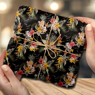 Papel De Seda Folha tropical do hibiscus do abacaxi no preto