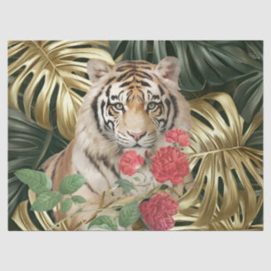 Papel De Seda Folhagem da Selva Aquarela Rosa Vermelha Tigre