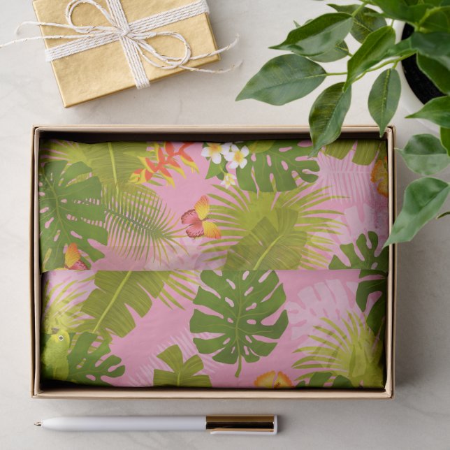 Papel De Seda Folhagem Tropical Verão Rosa (Presente)