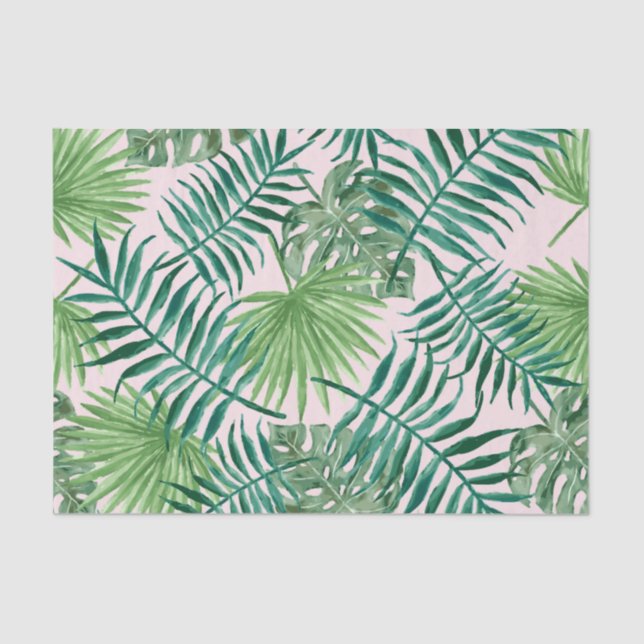 Papel De Seda Folhagem tropical verde em aquarela rosa (Frente )