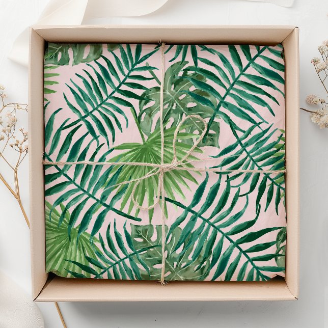 Papel De Seda Folhagem tropical verde em aquarela rosa (Criador carregado)