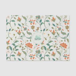 Papel De Seda Folhas Azul-Verde Vintage e Padrão Floral Laranja