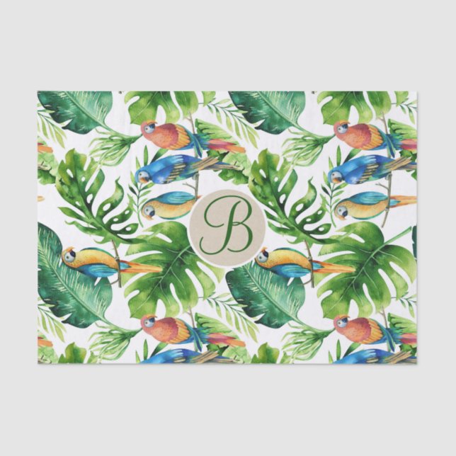 Papel De Seda Folhas de Aves Tropicais Monograma Chic Letra Inic (Frente )