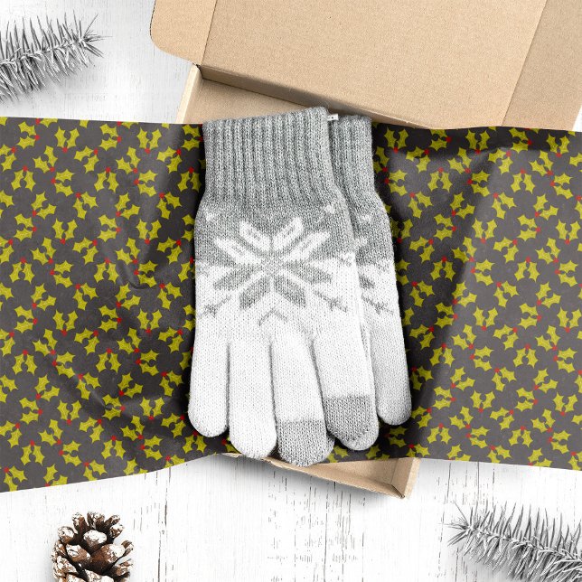 Papel De Seda Folhas de Azevinho Escuras e Bagas de Natal (Criador carregado)