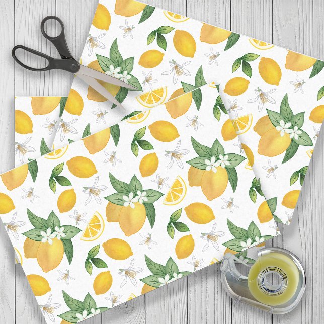 Papel De Seda Folhas de Limões Amarelos Flores Brancas Rústico (Lemon gift wrapping / decoupage tissue paper)