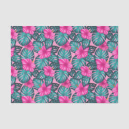 Papel De Seda Folhas de Monstera e Hibiscus Teal e Rosa a Rosa