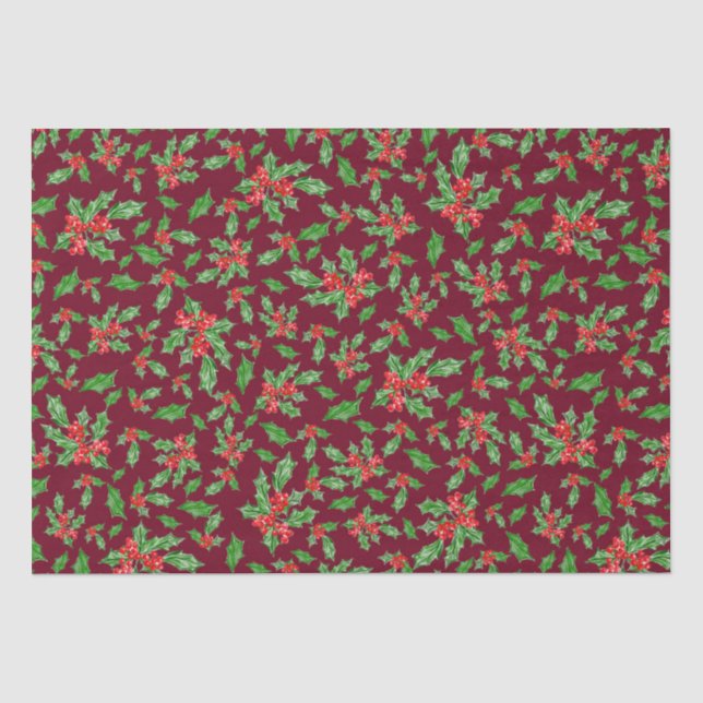 Papel De Seda Folhas de Natal e bagas vermelhas e verdes (Frente )