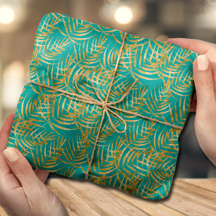 Papel De Seda Folhas de Palma Douradas em Turquesa