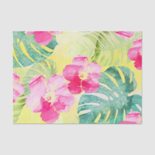 Papel De Seda Folhas de Palma Tropicais e Flores de Hibiscus