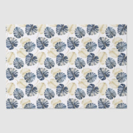 Papel De Seda Folhas Douradas Tropicais Azul Branco