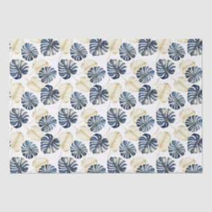 Papel De Seda Folhas Douradas Tropicais Azul Branco