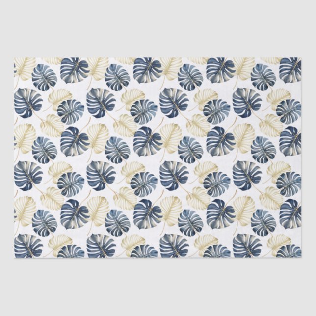 Papel De Seda Folhas Douradas Tropicais Azul Branco (Frente )