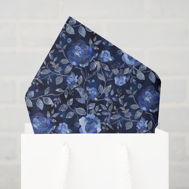 Papel De Seda Folhas Florais Azuis de Aniversário (Sacola de presentes)